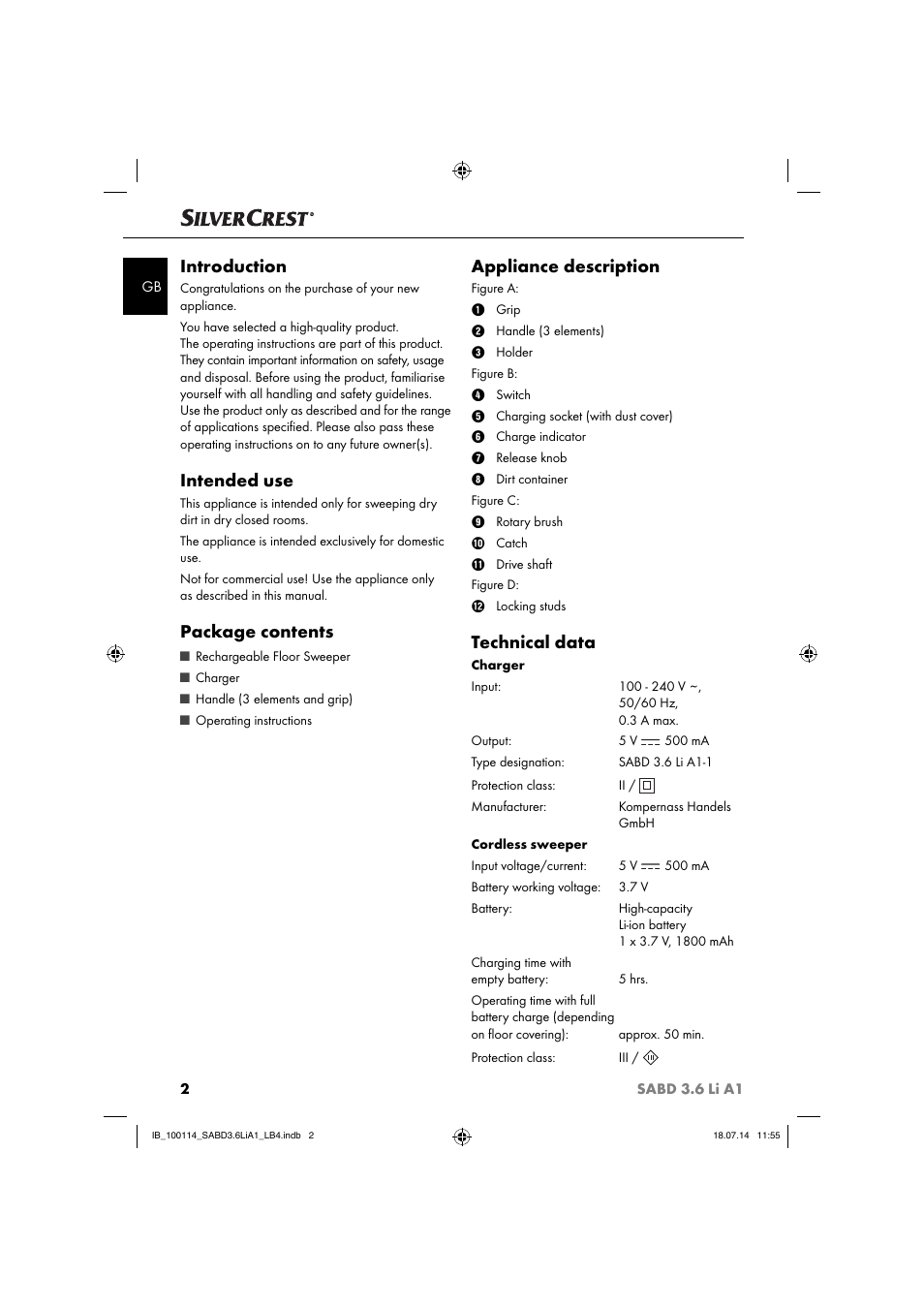 Introduction, Intended use, Package contents | Appliance description, Technical data | Silvercrest SABD 3.6 Li A1 User Manual | Page 5 / 60