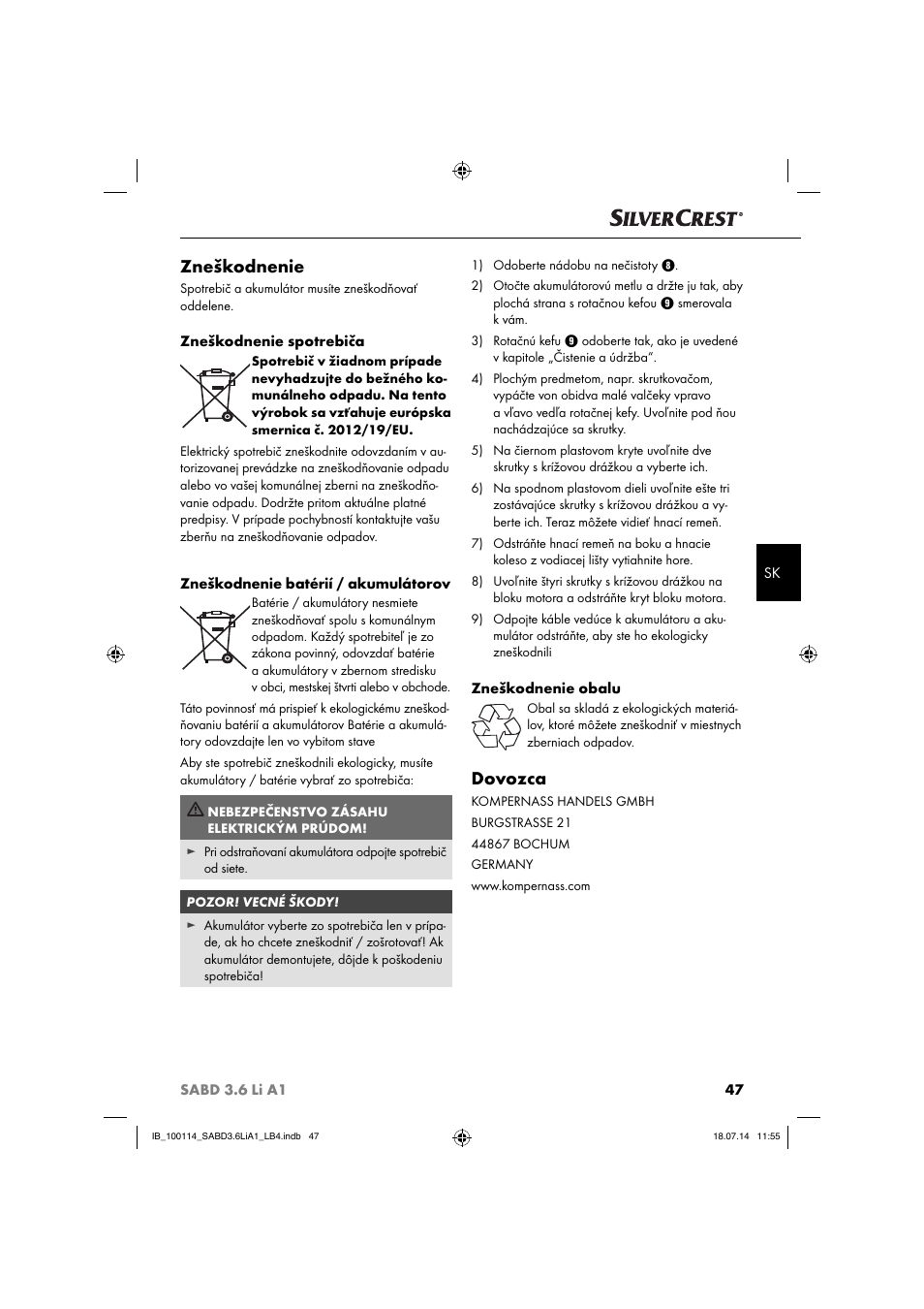 Zneškodnenie, Dovozca | Silvercrest SABD 3.6 Li A1 User Manual | Page 50 / 60