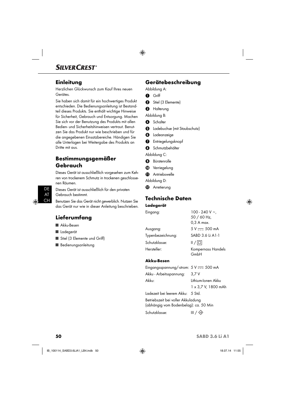 Einleitung, Bestimmungsgemäßer gebrauch, Lieferumfang | Gerätebeschreibung, Technische daten | Silvercrest SABD 3.6 Li A1 User Manual | Page 53 / 60