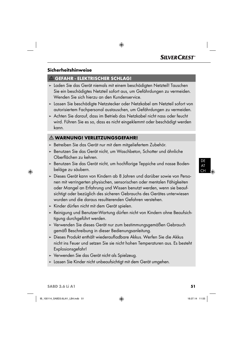 Sicherheitshinweise gefahr - elektrischer schlag, Kinder dürfen nicht mit dem gerät spielen, Verwenden sie das gerät nicht als spielzeug | Silvercrest SABD 3.6 Li A1 User Manual | Page 54 / 60