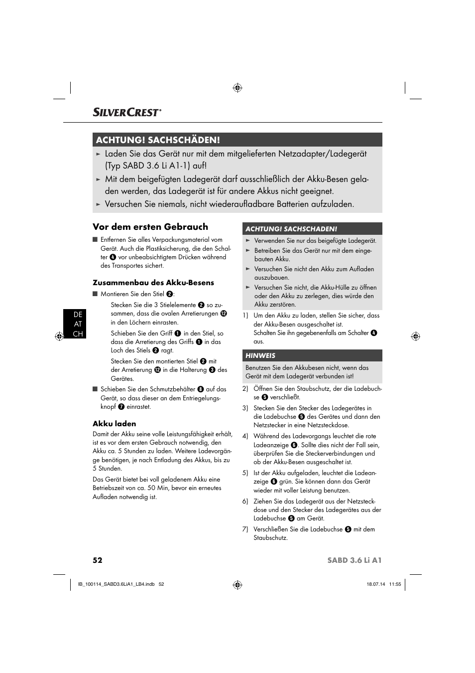 Achtung! sachschäden | Silvercrest SABD 3.6 Li A1 User Manual | Page 55 / 60