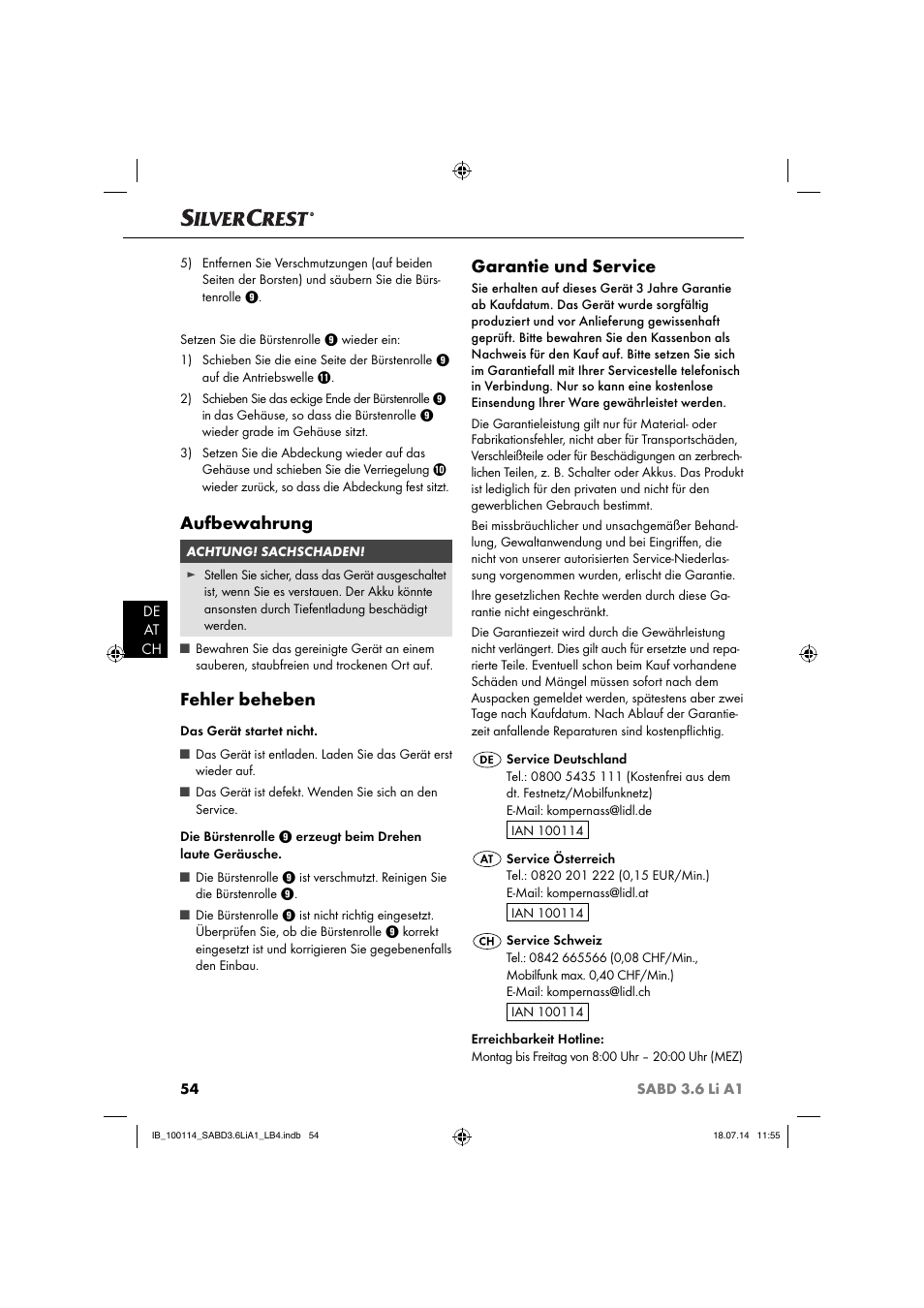 Aufbewahrung, Fehler beheben, Garantie und service | Silvercrest SABD 3.6 Li A1 User Manual | Page 57 / 60