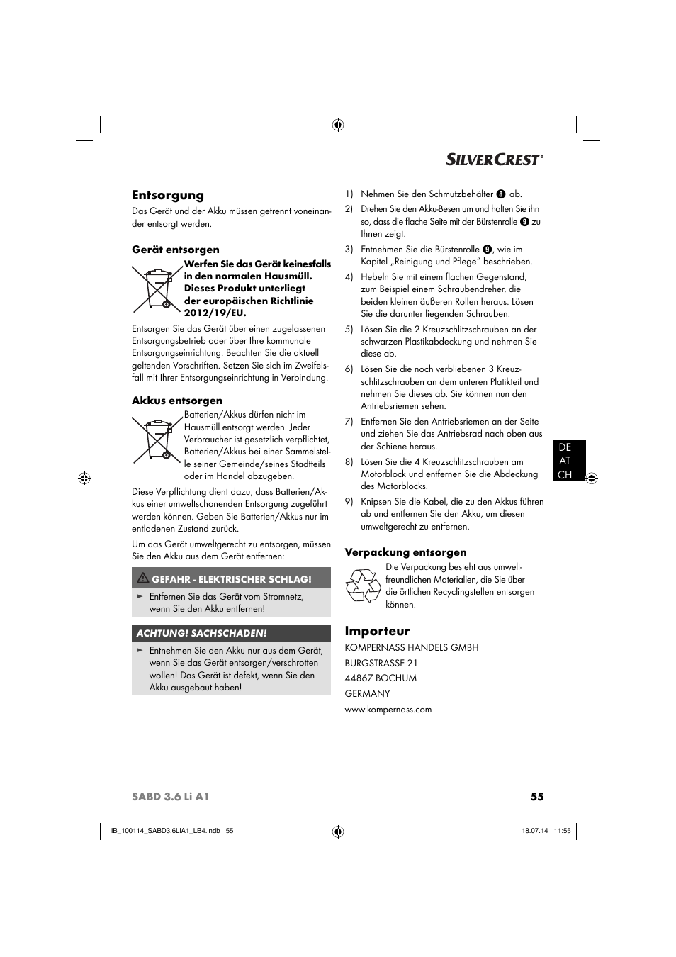 Entsorgung, Importeur | Silvercrest SABD 3.6 Li A1 User Manual | Page 58 / 60