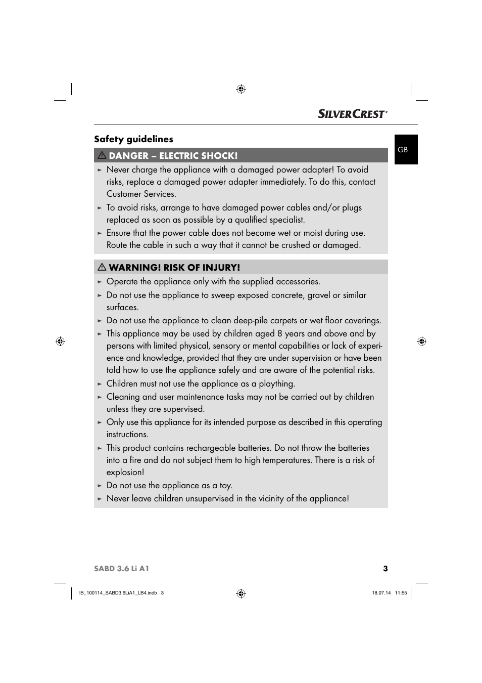Safety guidelines danger – electric shock, Children must not use the appliance as a plaything, Do not use the appliance as a toy | Silvercrest SABD 3.6 Li A1 User Manual | Page 6 / 60