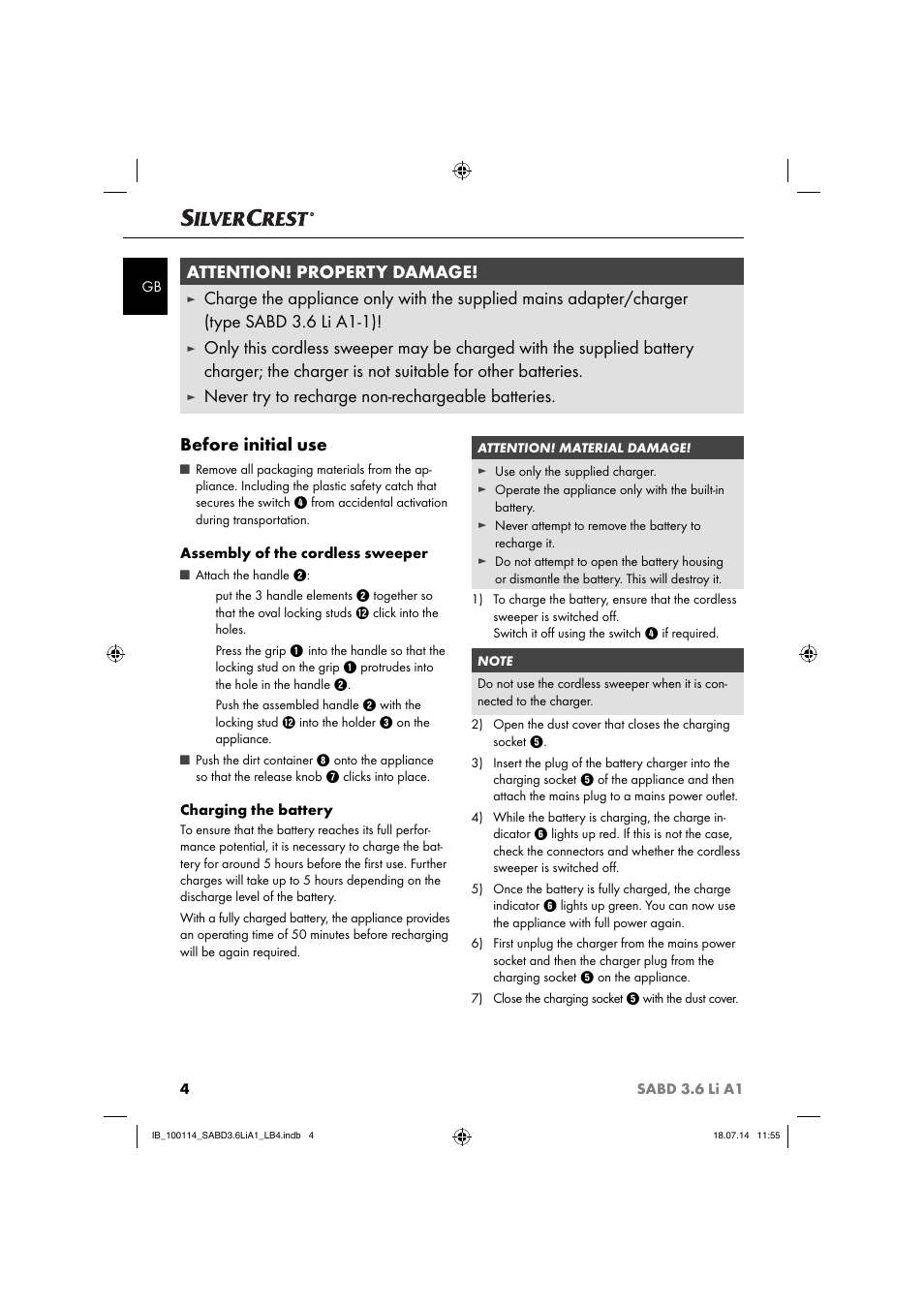 Attention! property damage | Silvercrest SABD 3.6 Li A1 User Manual | Page 7 / 60