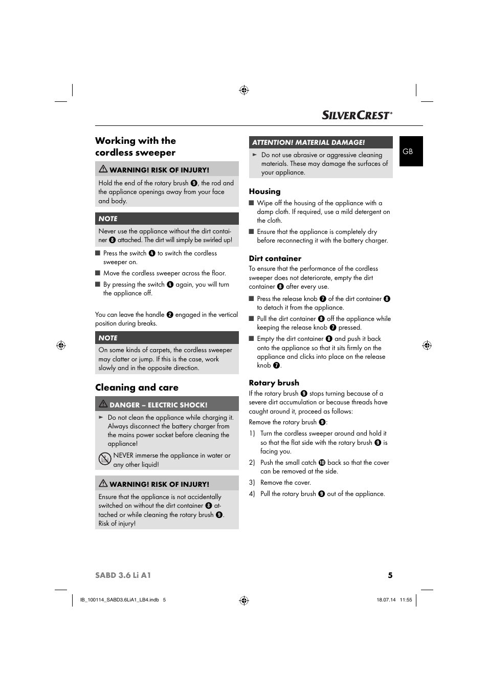 Working with the cordless sweeper, Cleaning and care | Silvercrest SABD 3.6 Li A1 User Manual | Page 8 / 60