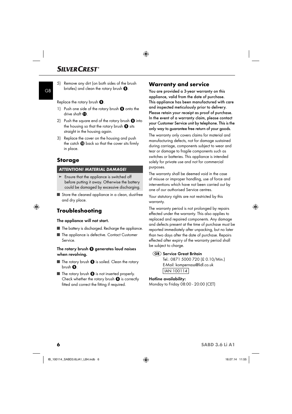 Storage, Troubleshooting, Warranty and service | Silvercrest SABD 3.6 Li A1 User Manual | Page 9 / 60