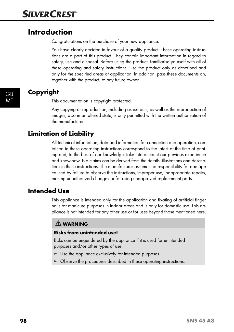 Introduction, Copyright, Limitation of liability | Intended use, Gb mt | Silvercrest SNS 45 A3 User Manual | Page 101 / 163