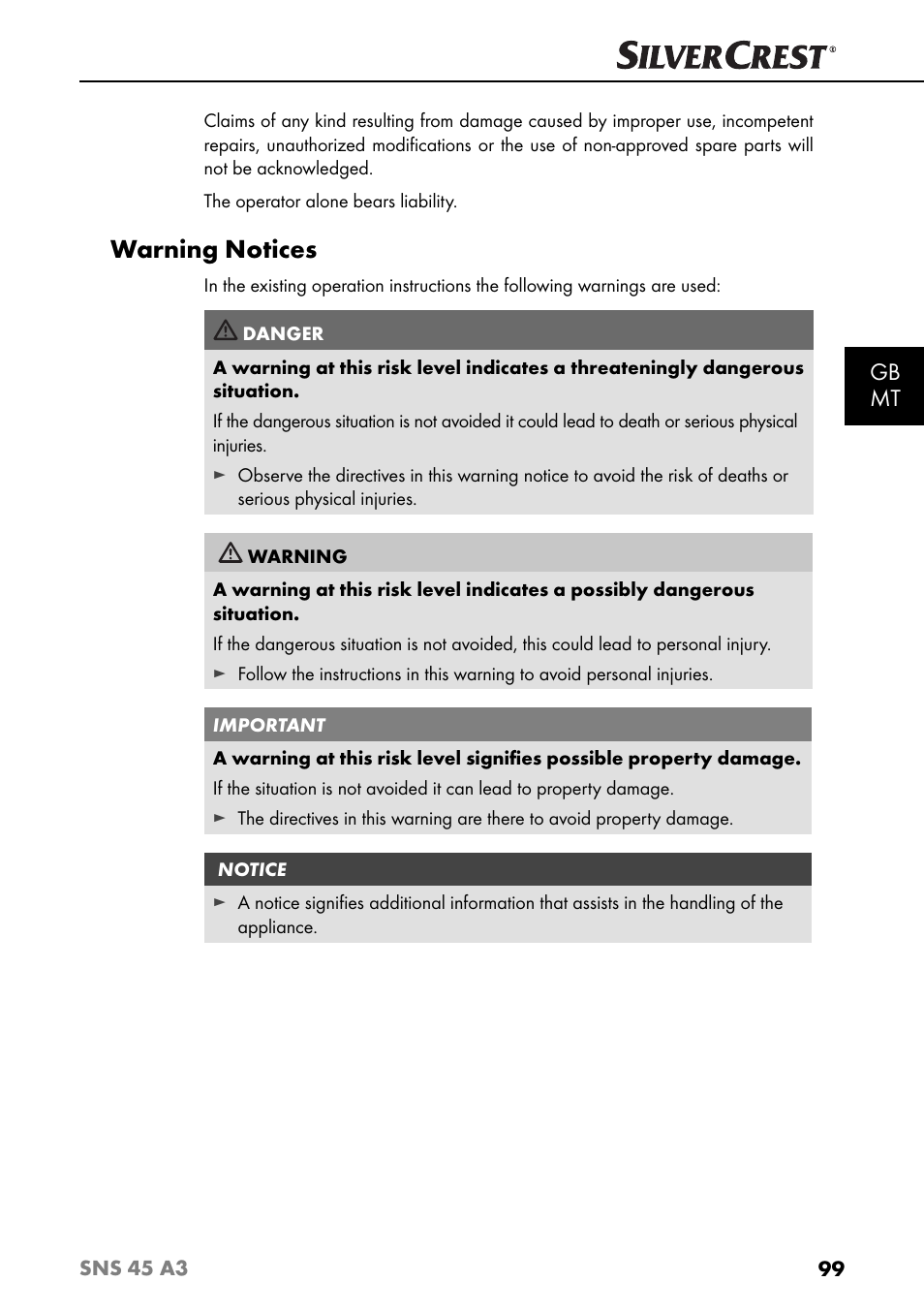 Warning notices, Gb mt | Silvercrest SNS 45 A3 User Manual | Page 102 / 163