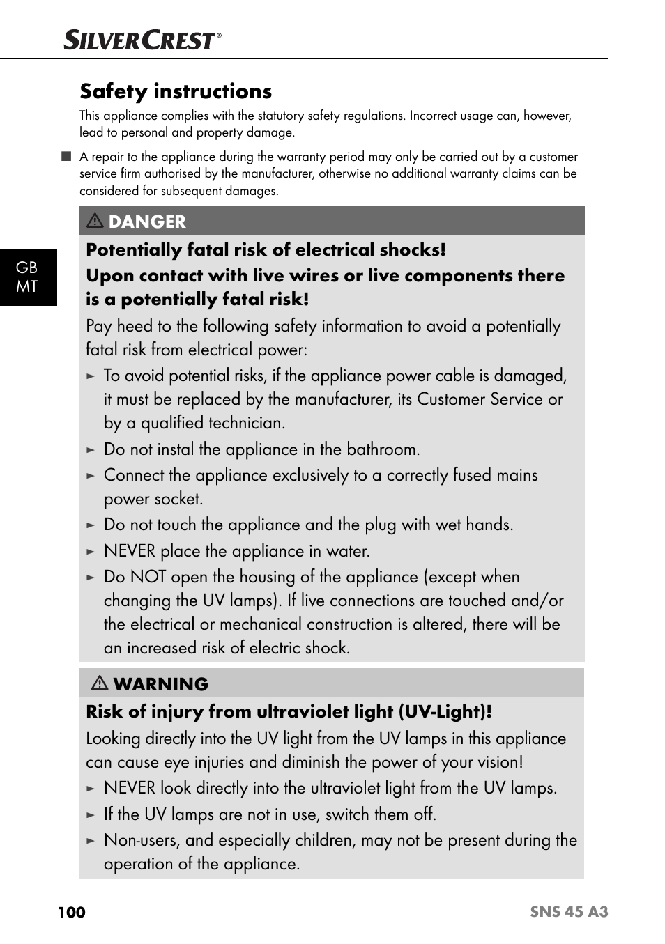 Safety instructions, Do not instal the appliance in the bathroom, Never place the appliance in water | If the uv lamps are not in use, switch them oﬀ | Silvercrest SNS 45 A3 User Manual | Page 103 / 163