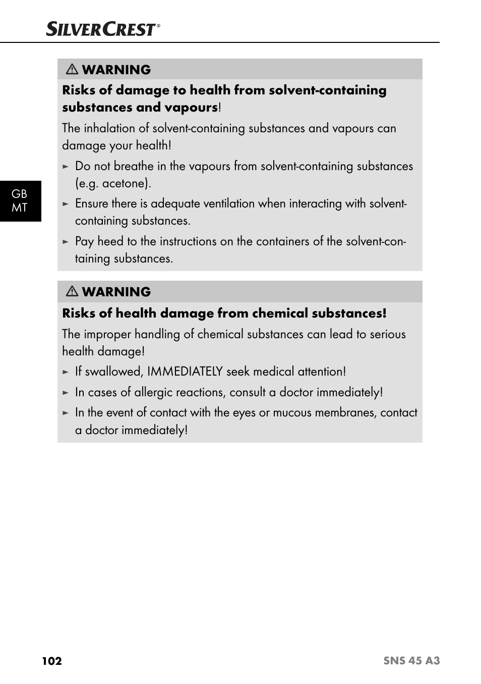 If swallowed, immediately seek medical attention | Silvercrest SNS 45 A3 User Manual | Page 105 / 163