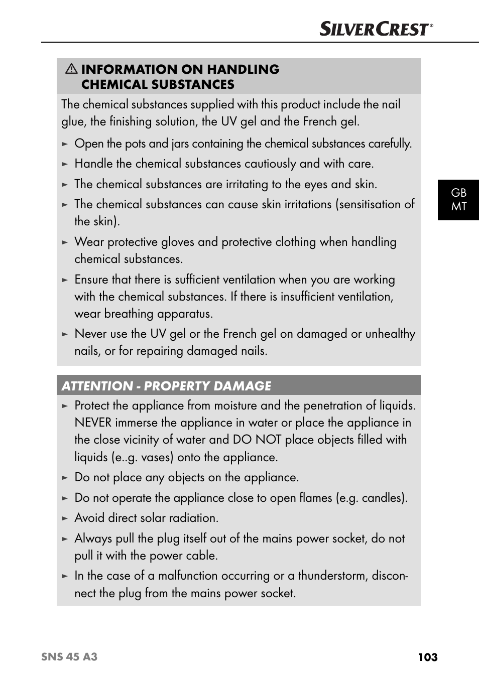 Do not place any objects on the appliance, Avoid direct solar radiation | Silvercrest SNS 45 A3 User Manual | Page 106 / 163