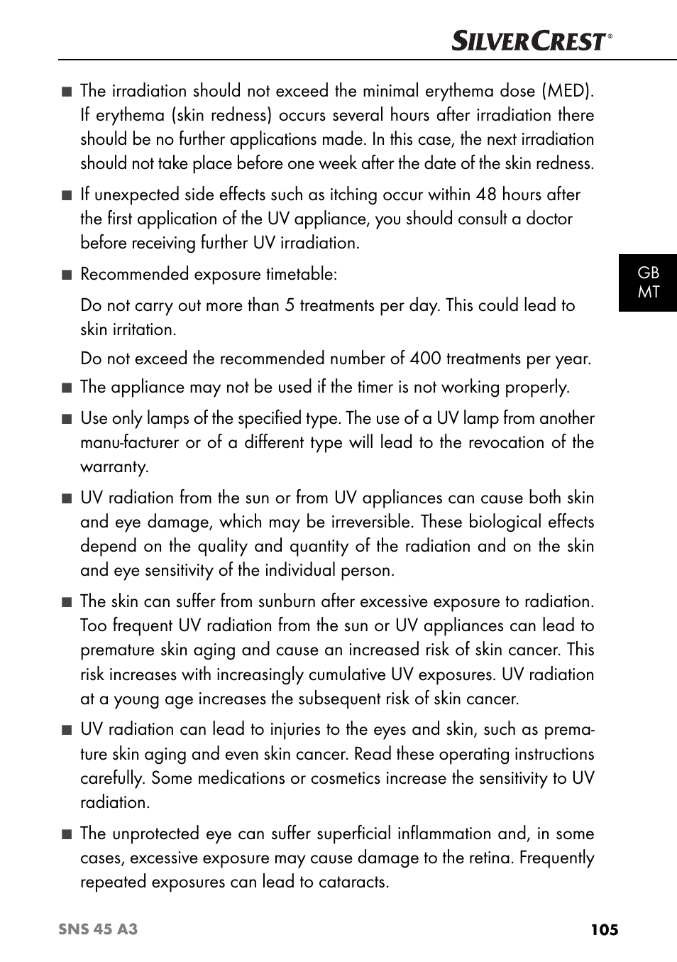 Recommended exposure timetable | Silvercrest SNS 45 A3 User Manual | Page 108 / 163