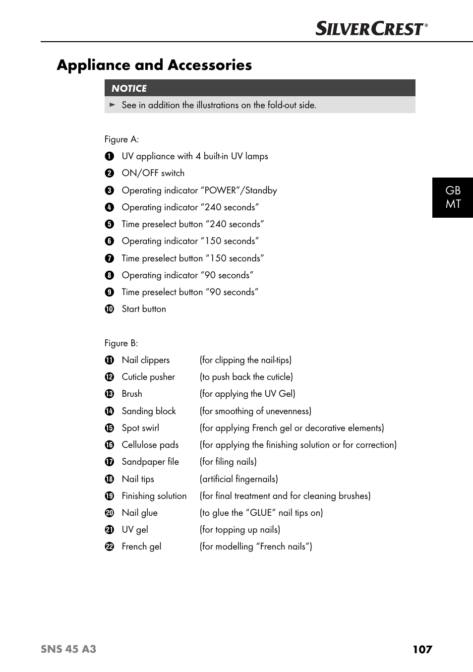 Appliance and accessories, Gb mt | Silvercrest SNS 45 A3 User Manual | Page 110 / 163