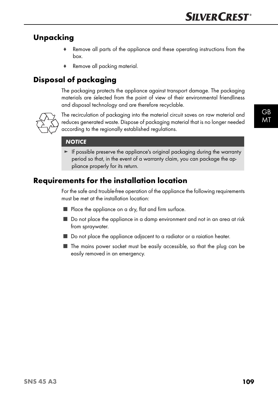 Unpacking, Disposal of packaging, Requirements for the installation location | Gb mt | Silvercrest SNS 45 A3 User Manual | Page 112 / 163
