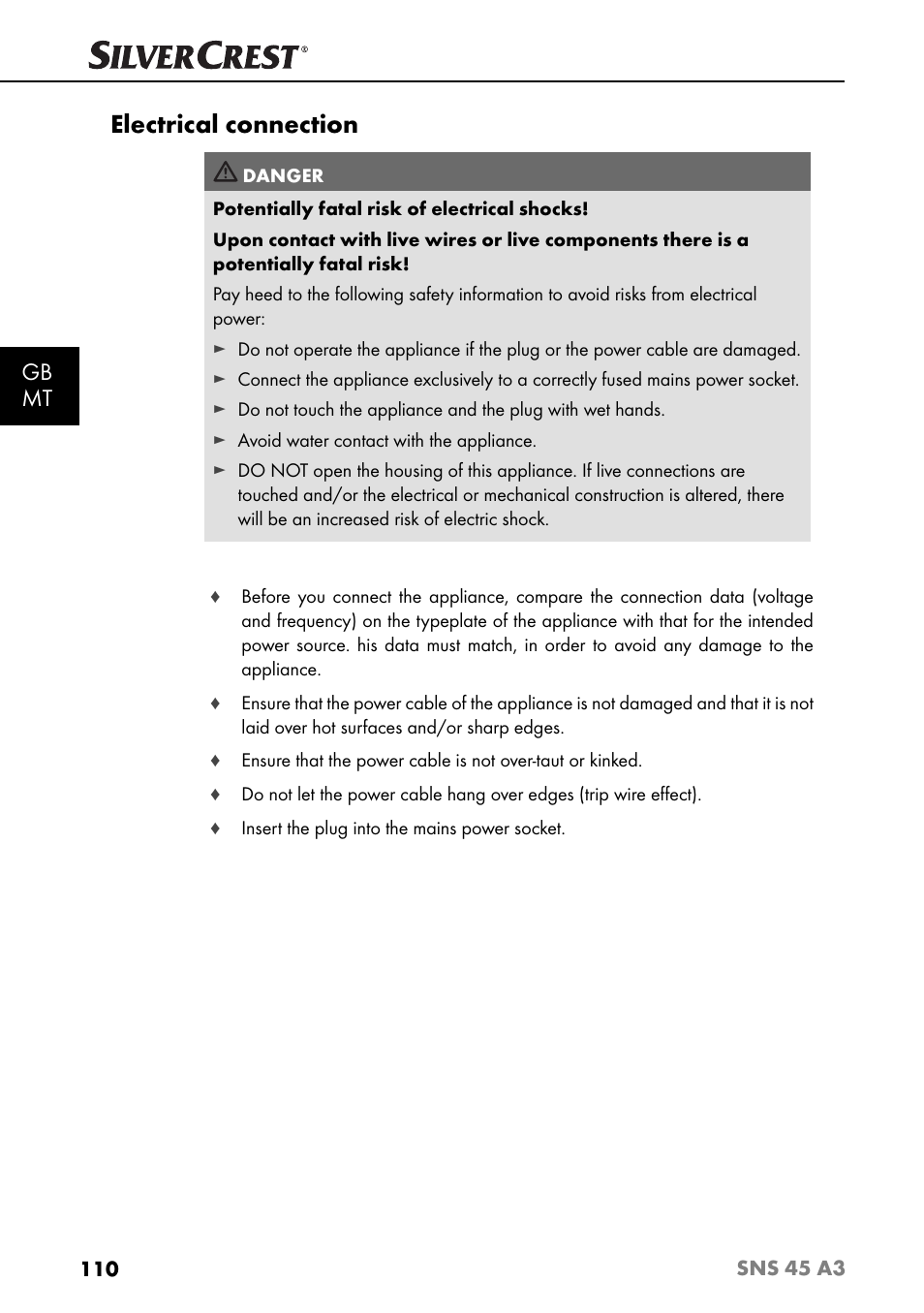 Electrical connection, Gb mt | Silvercrest SNS 45 A3 User Manual | Page 113 / 163