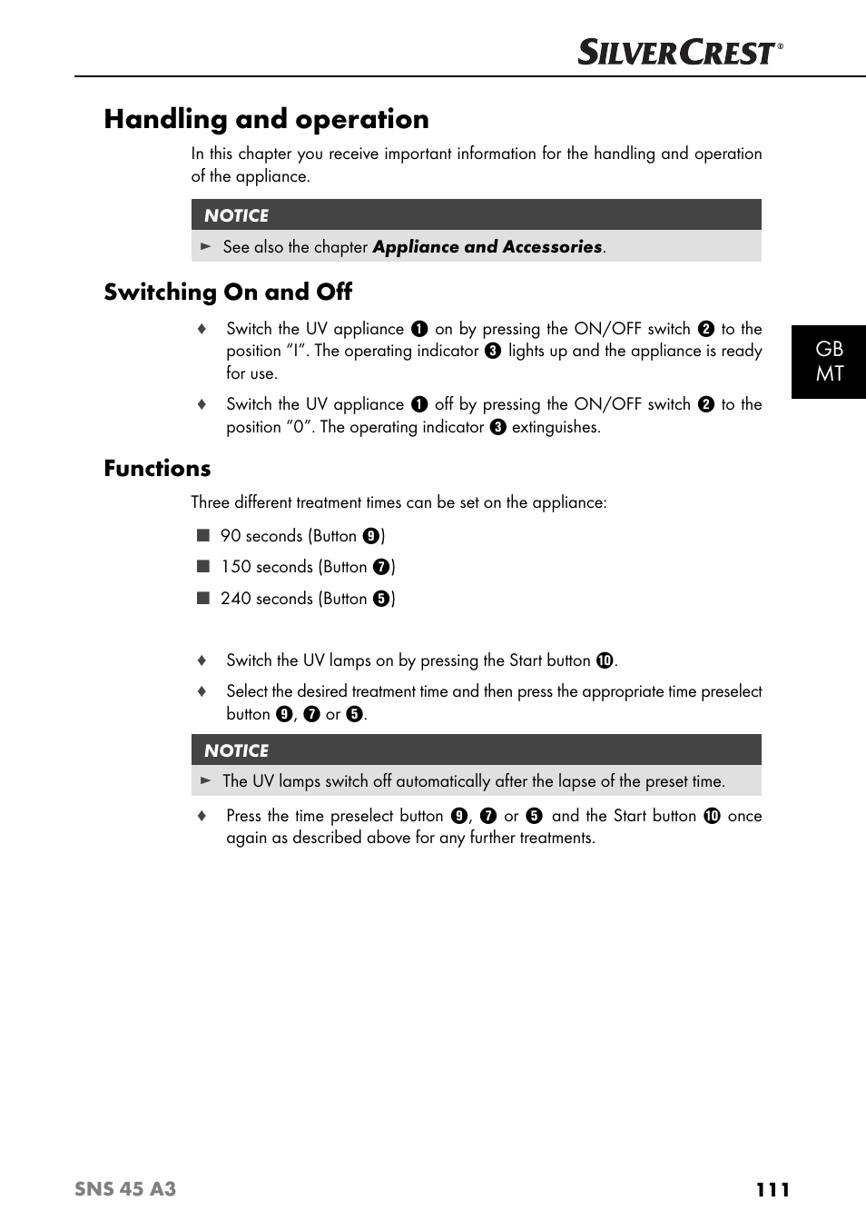 Handling and operation, Switching on and oﬀ, Functions | Gb mt | Silvercrest SNS 45 A3 User Manual | Page 114 / 163