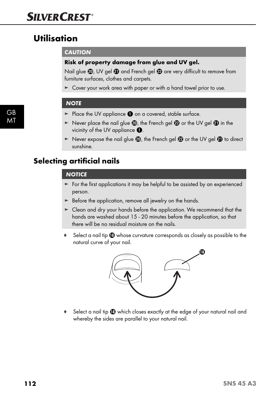 Utilisation, Selecting artiﬁ cial nails, Gb mt | Silvercrest SNS 45 A3 User Manual | Page 115 / 163