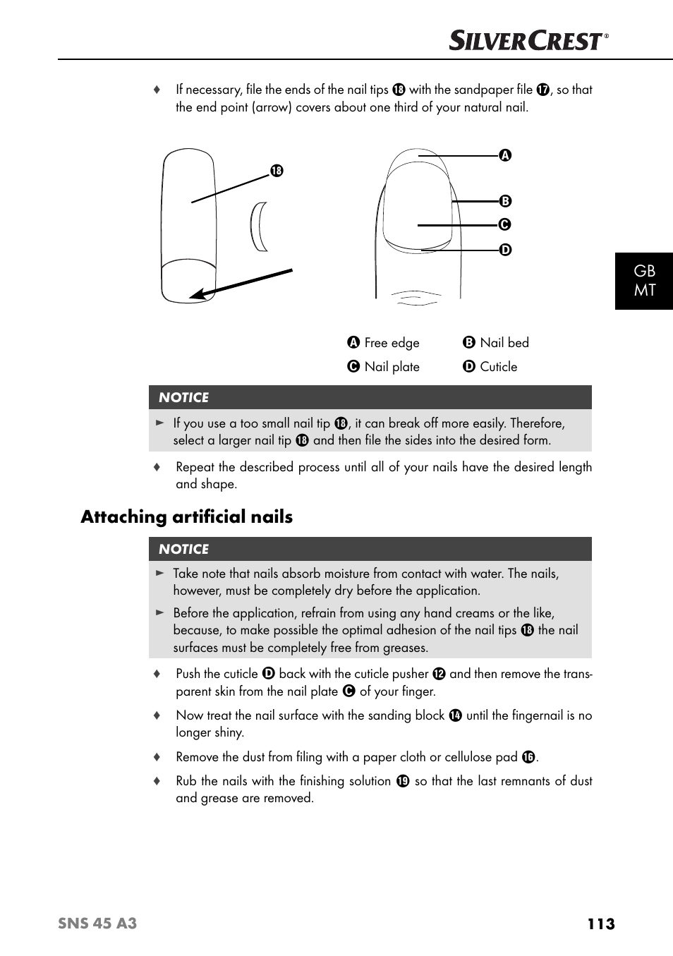 Attaching artiﬁ cial nails, Gb mt | Silvercrest SNS 45 A3 User Manual | Page 116 / 163