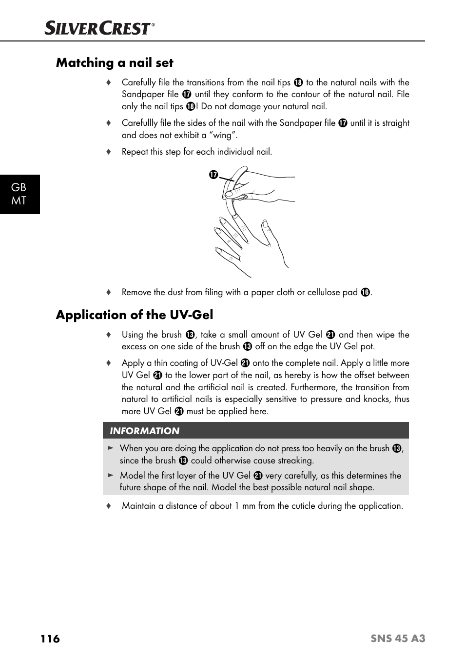 Matching a nail set, Application of the uv-gel, Gb mt | Silvercrest SNS 45 A3 User Manual | Page 119 / 163