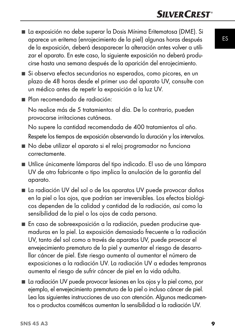 Plan recomendado de radiación | Silvercrest SNS 45 A3 User Manual | Page 12 / 163