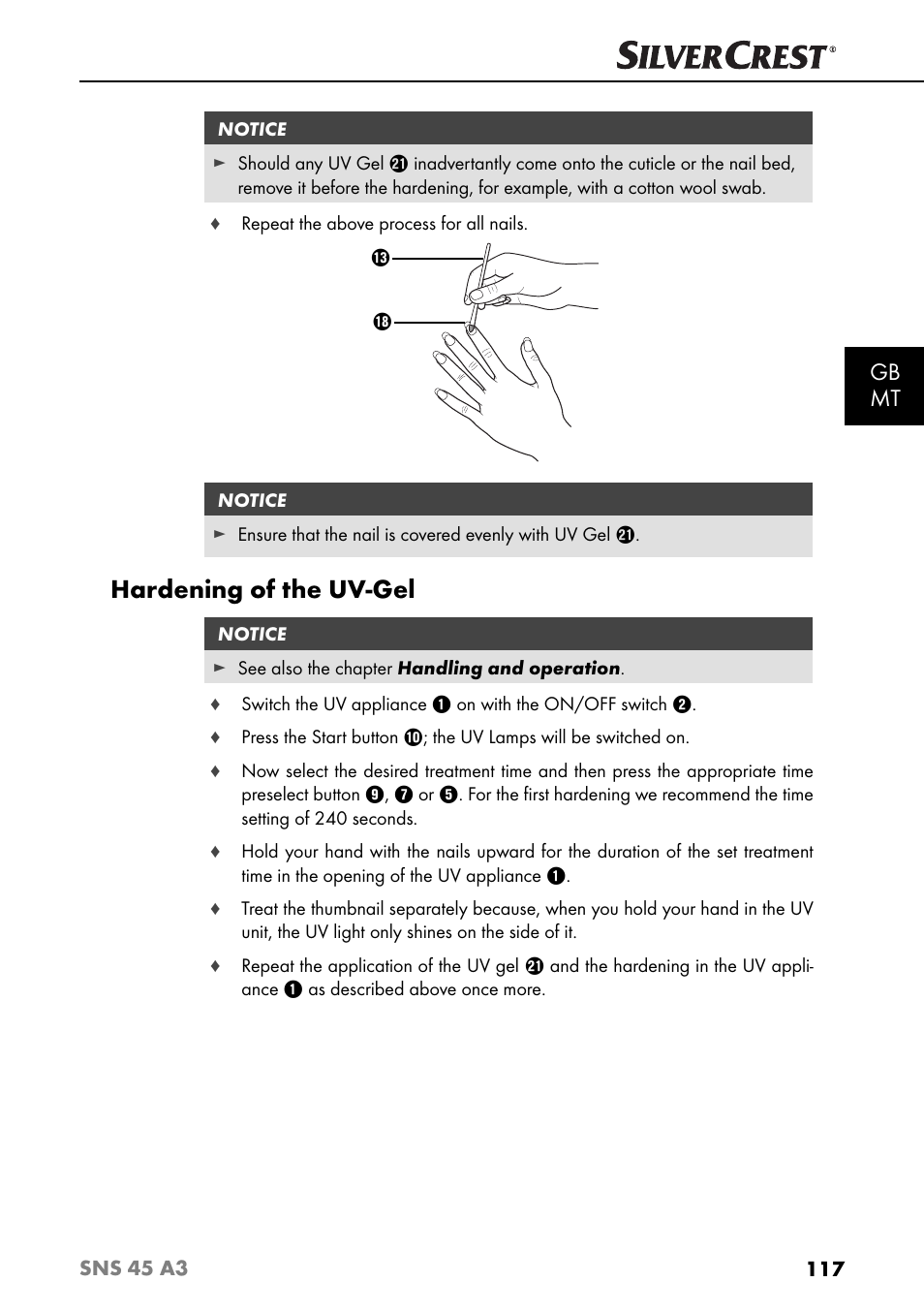 Hardening of the uv-gel, Gb mt | Silvercrest SNS 45 A3 User Manual | Page 120 / 163