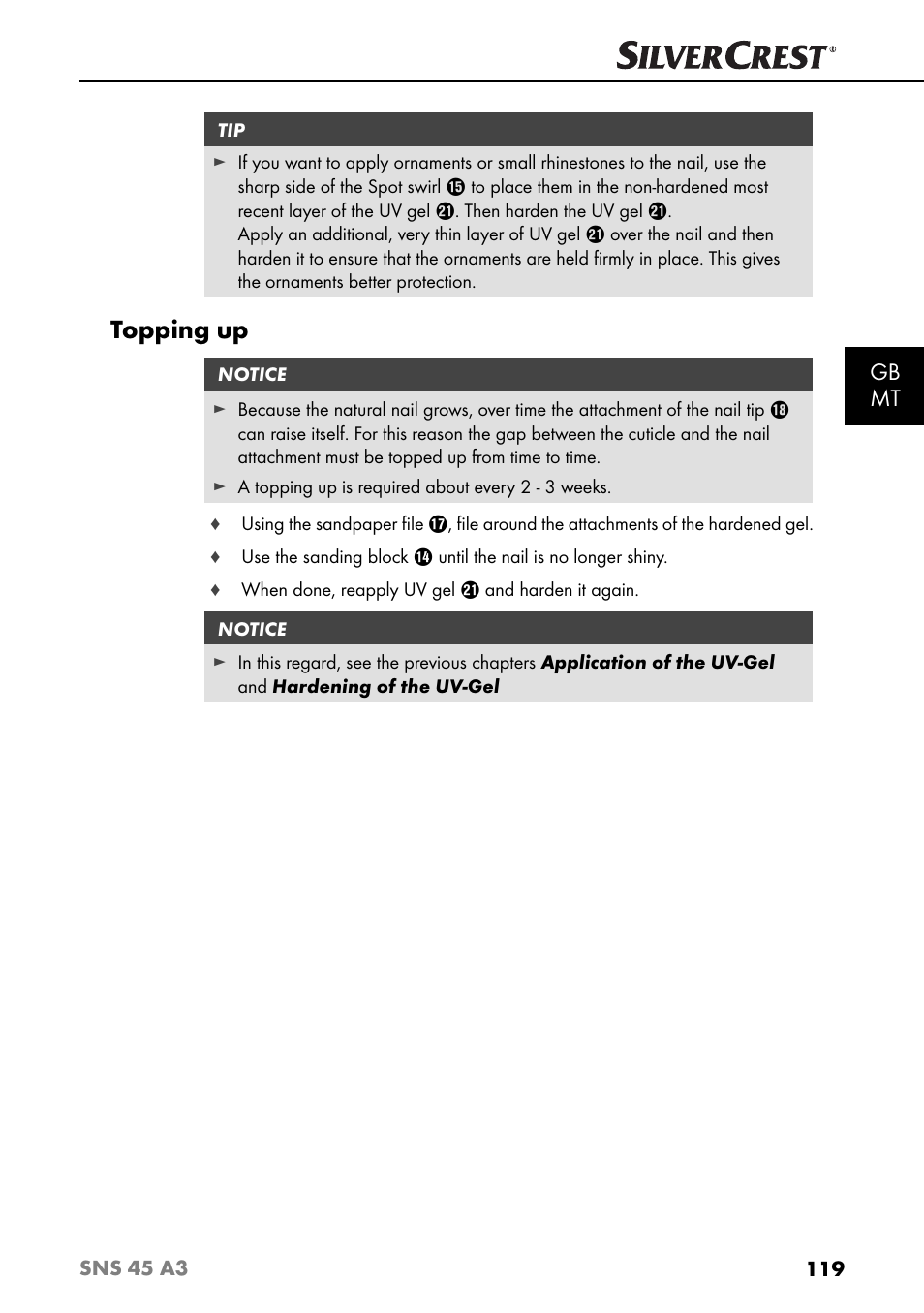 Topping up, Gb mt | Silvercrest SNS 45 A3 User Manual | Page 122 / 163