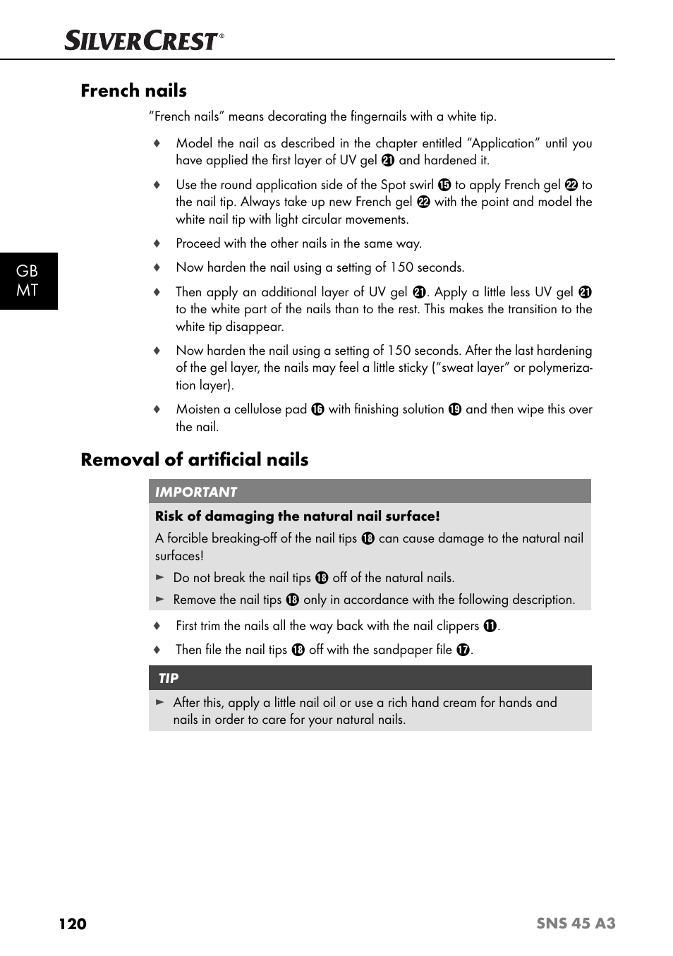 French nails, Removal of artiﬁ cial nails, Gb mt | Silvercrest SNS 45 A3 User Manual | Page 123 / 163