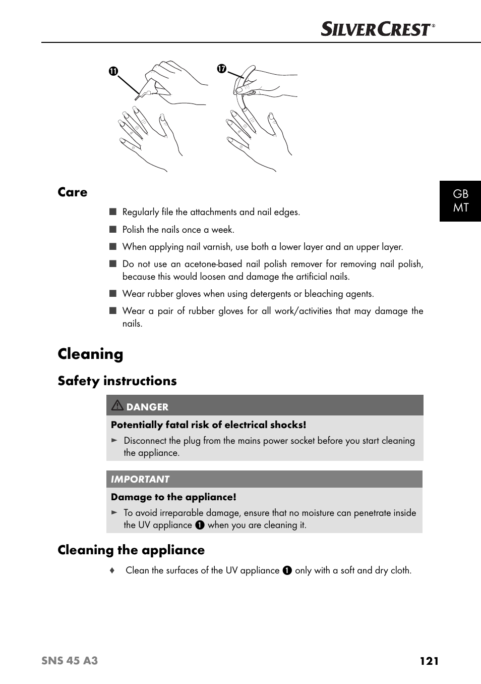 Cleaning, Care, Safety instructions | Cleaning the appliance, Gb mt | Silvercrest SNS 45 A3 User Manual | Page 124 / 163