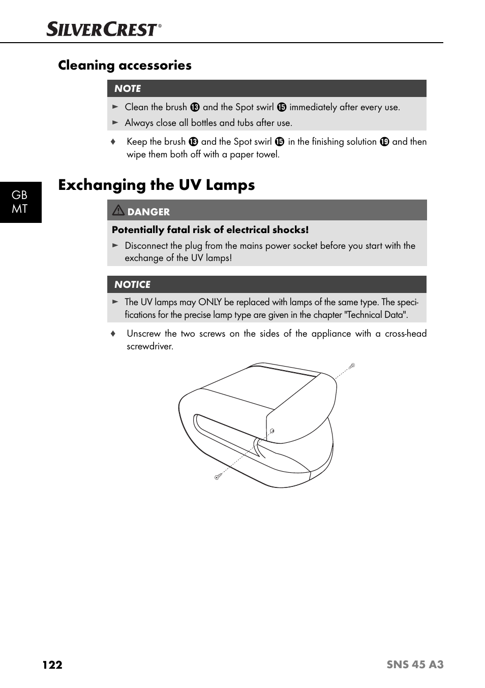 Exchanging the uv lamps, Cleaning accessories, Gb mt | Silvercrest SNS 45 A3 User Manual | Page 125 / 163