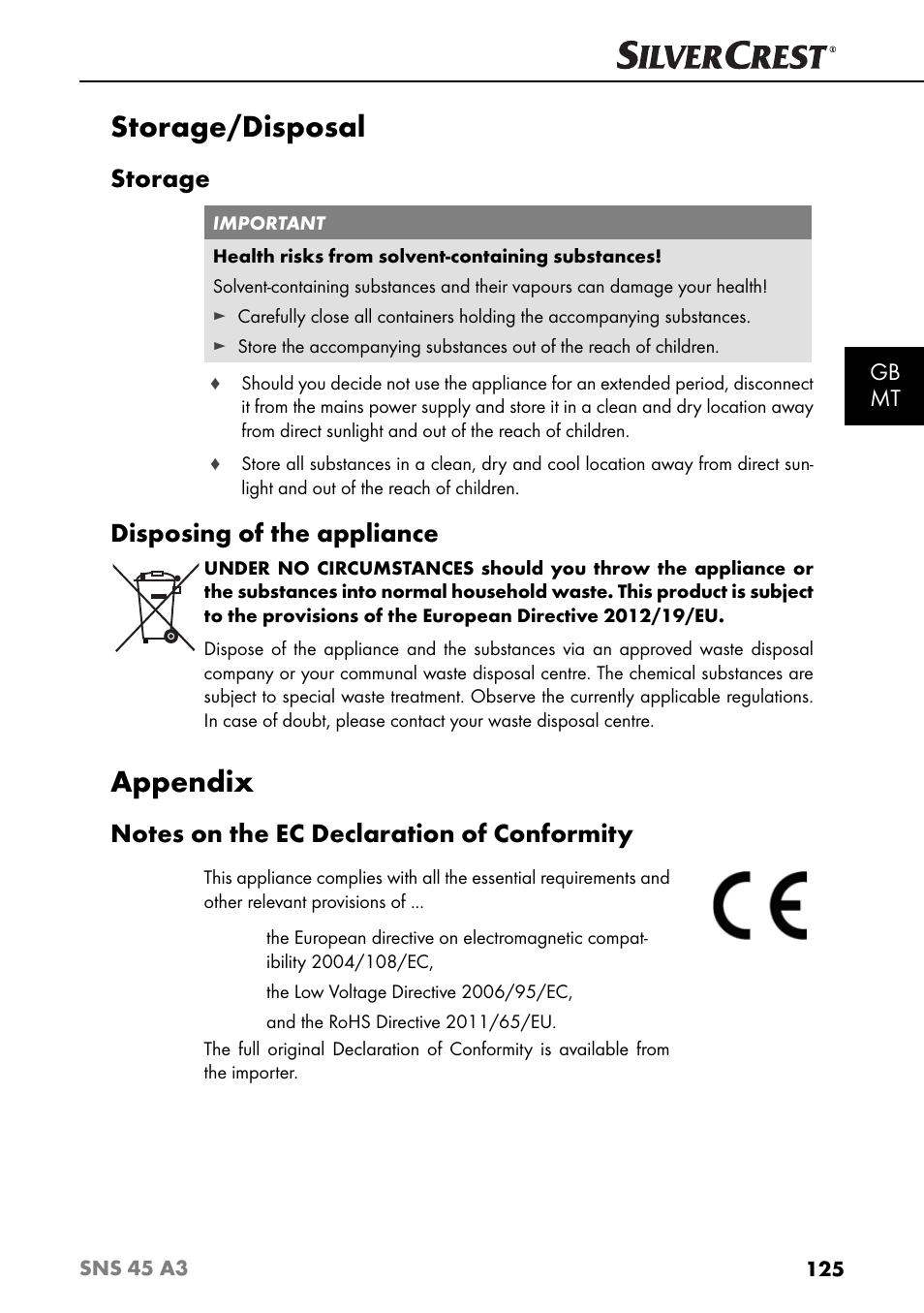 Storage/disposal, Appendix, Storage | Disposing of the appliance, Gb mt | Silvercrest SNS 45 A3 User Manual | Page 128 / 163