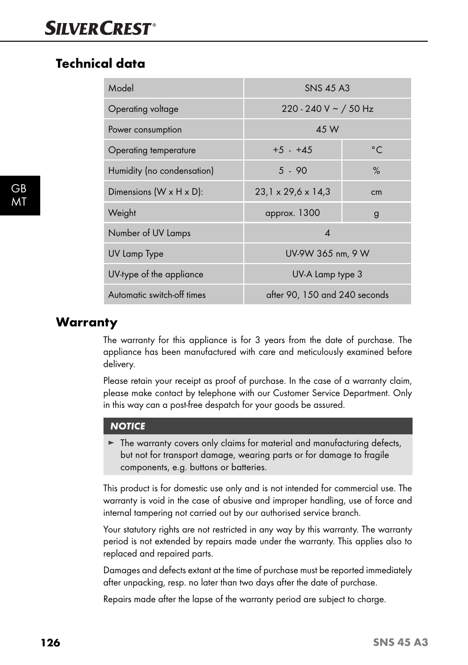 Technical data, Warranty, Gb mt | Silvercrest SNS 45 A3 User Manual | Page 129 / 163
