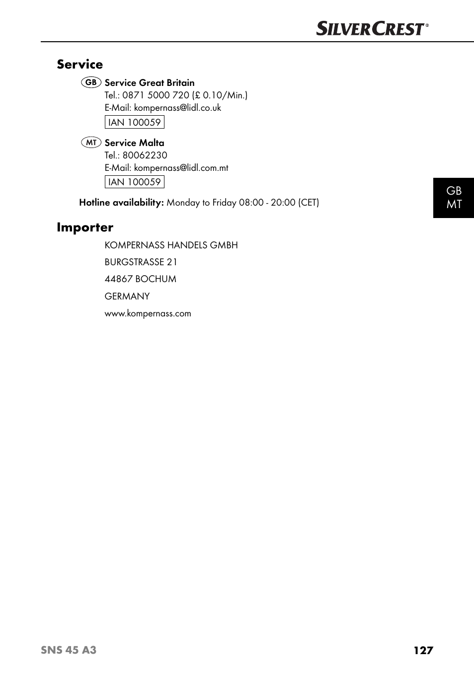 Service, Importer, Gb mt | Silvercrest SNS 45 A3 User Manual | Page 130 / 163