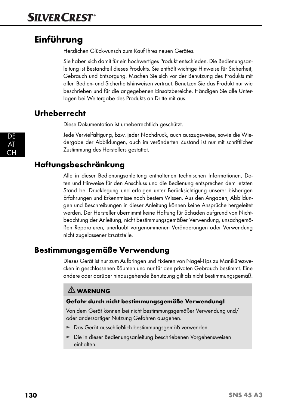 Einführung, Urheberrecht, Haftungsbeschränkung | Bestimmungsgemäße verwendung, De at ch | Silvercrest SNS 45 A3 User Manual | Page 133 / 163