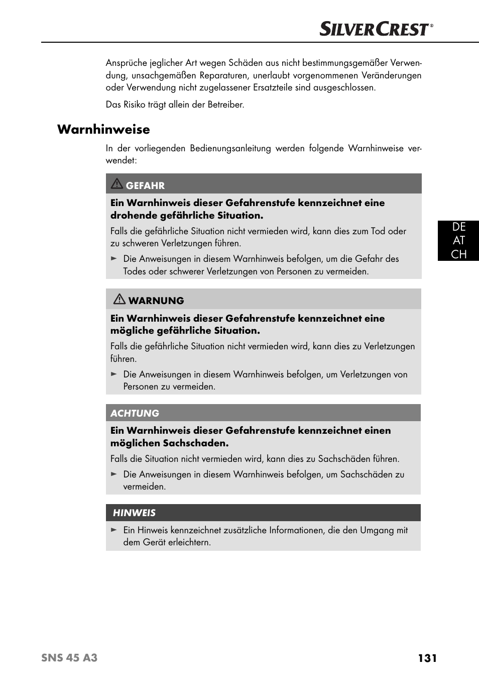 Warnhinweise, De at ch | Silvercrest SNS 45 A3 User Manual | Page 134 / 163