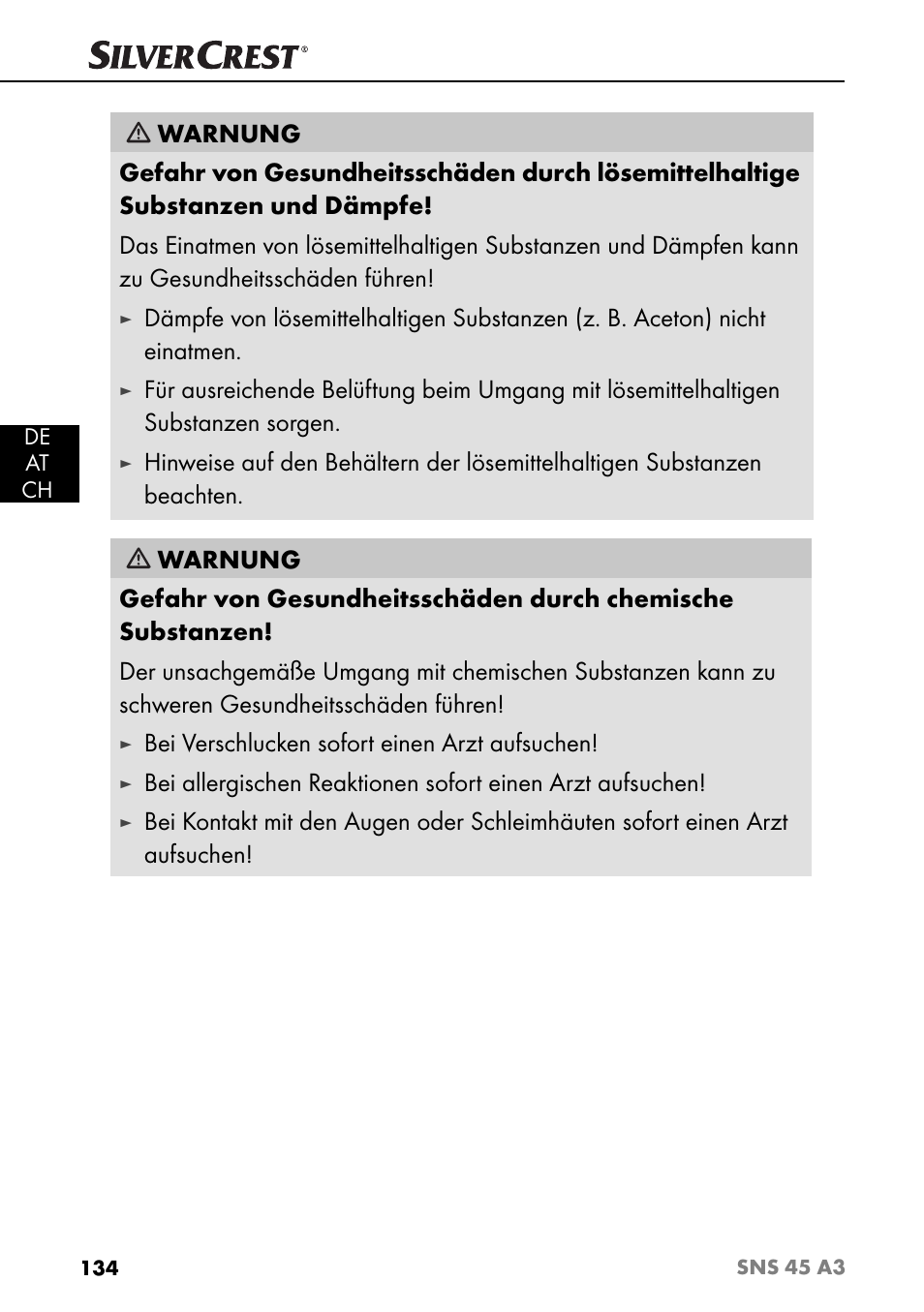 Bei verschlucken sofort einen arzt aufsuchen | Silvercrest SNS 45 A3 User Manual | Page 137 / 163