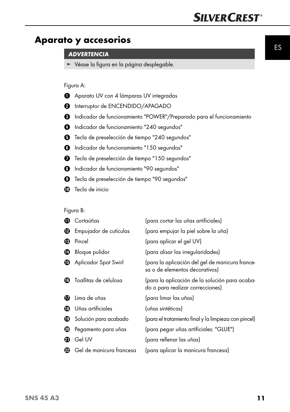 Aparato y accesorios | Silvercrest SNS 45 A3 User Manual | Page 14 / 163