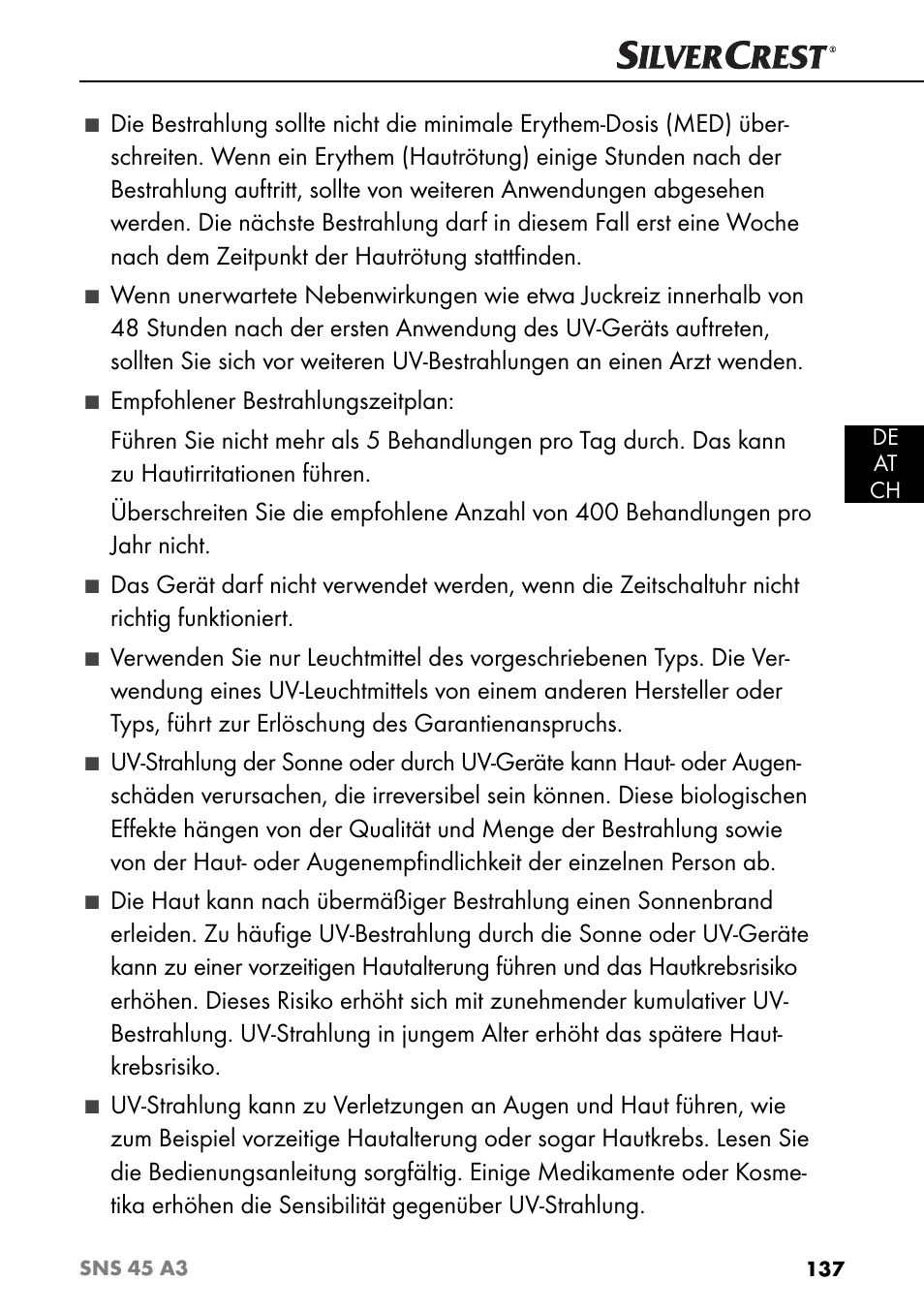 Empfohlener bestrahlungszeitplan | Silvercrest SNS 45 A3 User Manual | Page 140 / 163