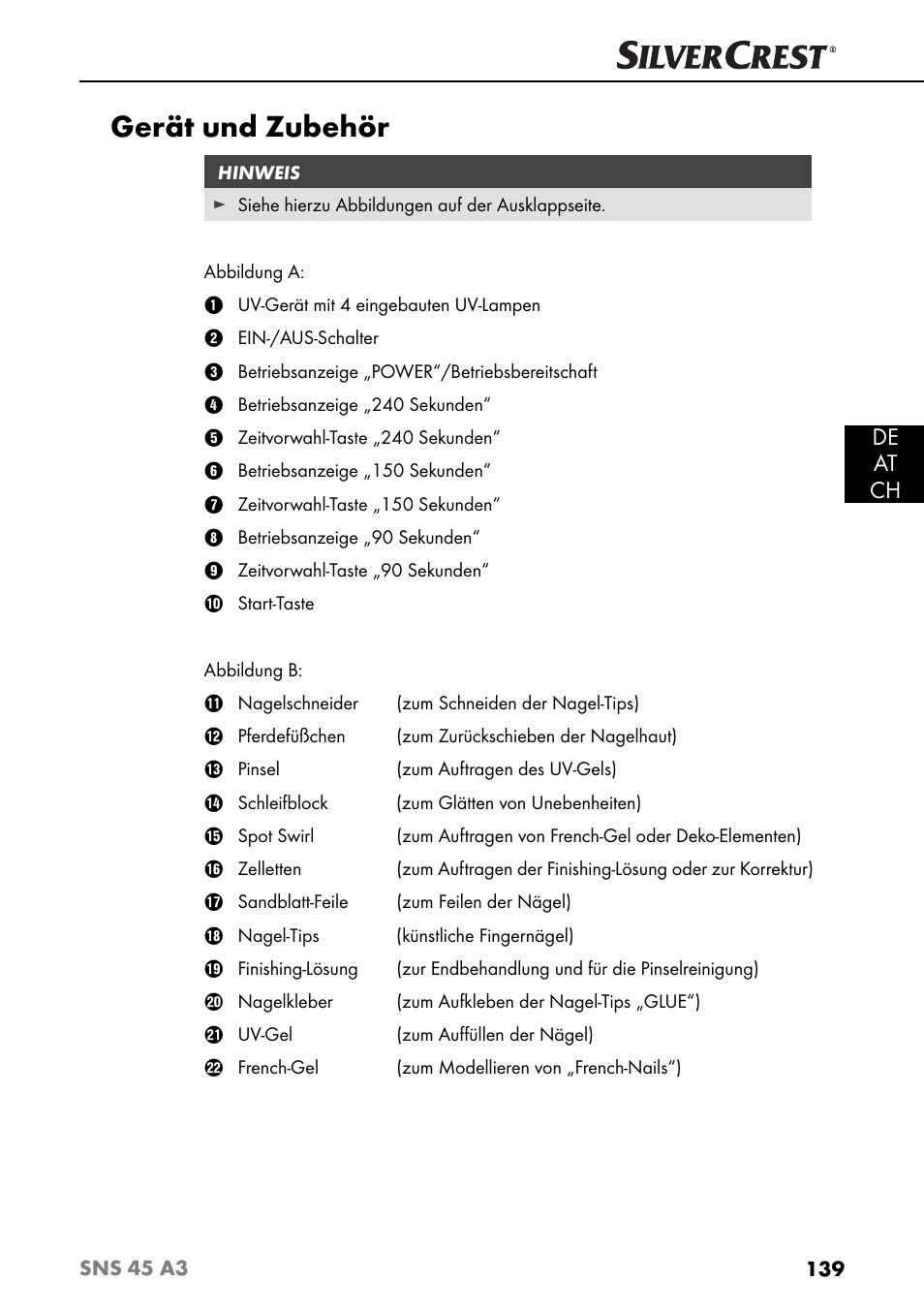 Gerät und zubehör, De at ch | Silvercrest SNS 45 A3 User Manual | Page 142 / 163