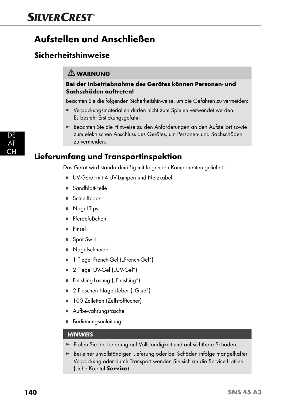 Aufstellen und anschließen, Sicherheitshinweise, Lieferumfang und transportinspektion | De at ch | Silvercrest SNS 45 A3 User Manual | Page 143 / 163