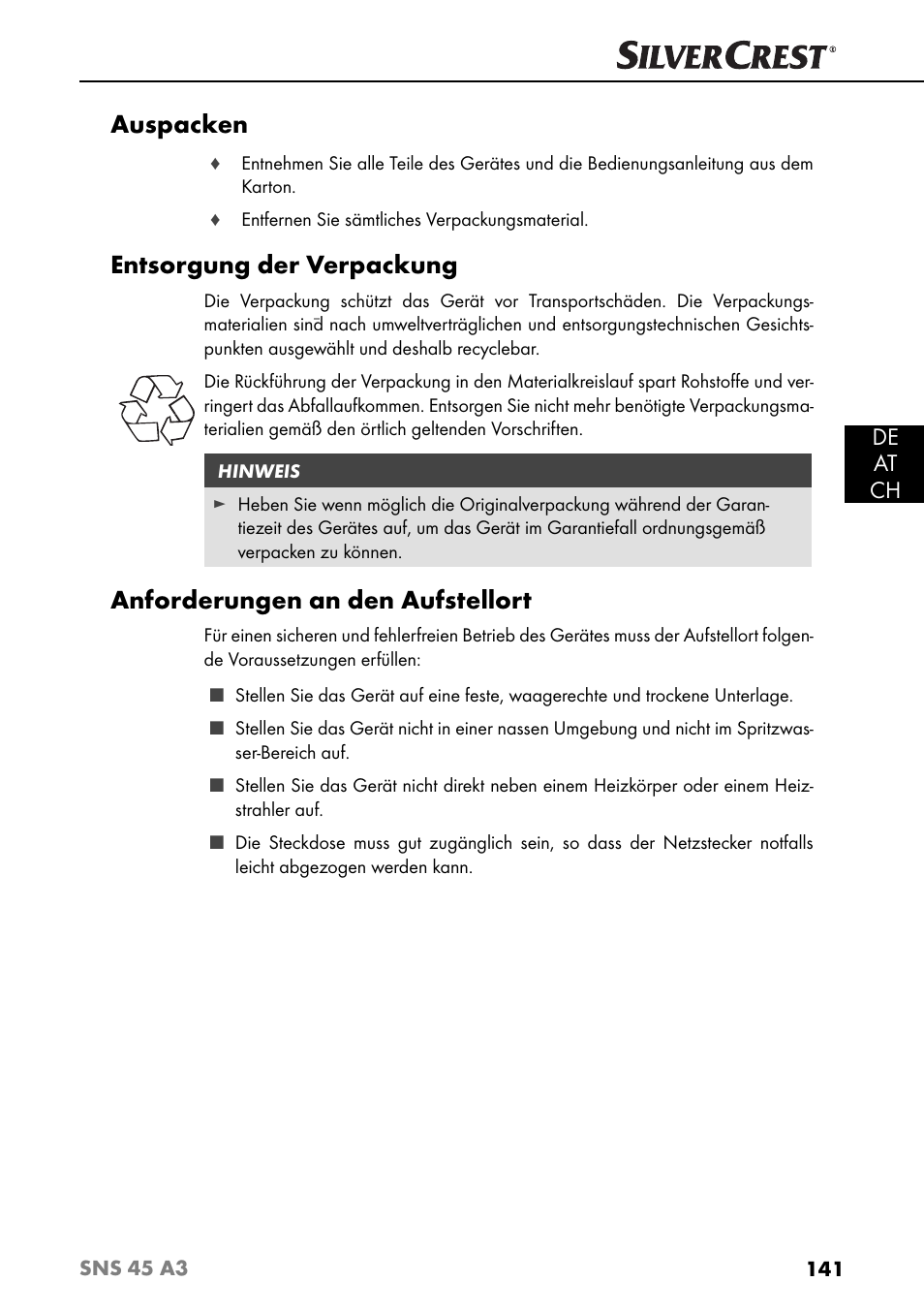 Auspacken, Entsorgung der verpackung, Anforderungen an den aufstellort | De at ch | Silvercrest SNS 45 A3 User Manual | Page 144 / 163