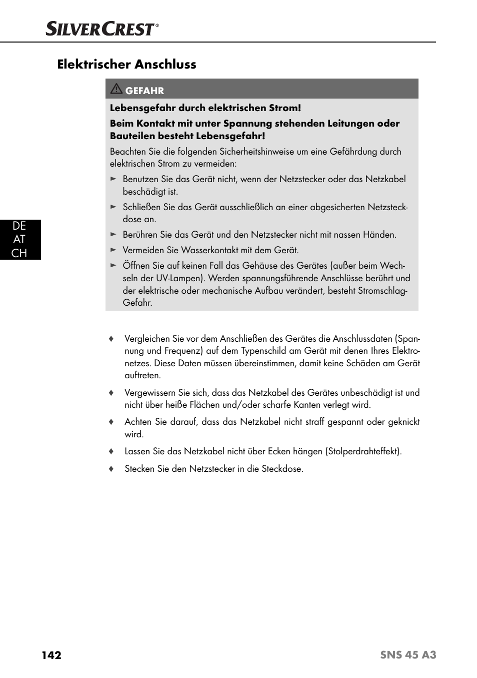 Elektrischer anschluss, De at ch | Silvercrest SNS 45 A3 User Manual | Page 145 / 163