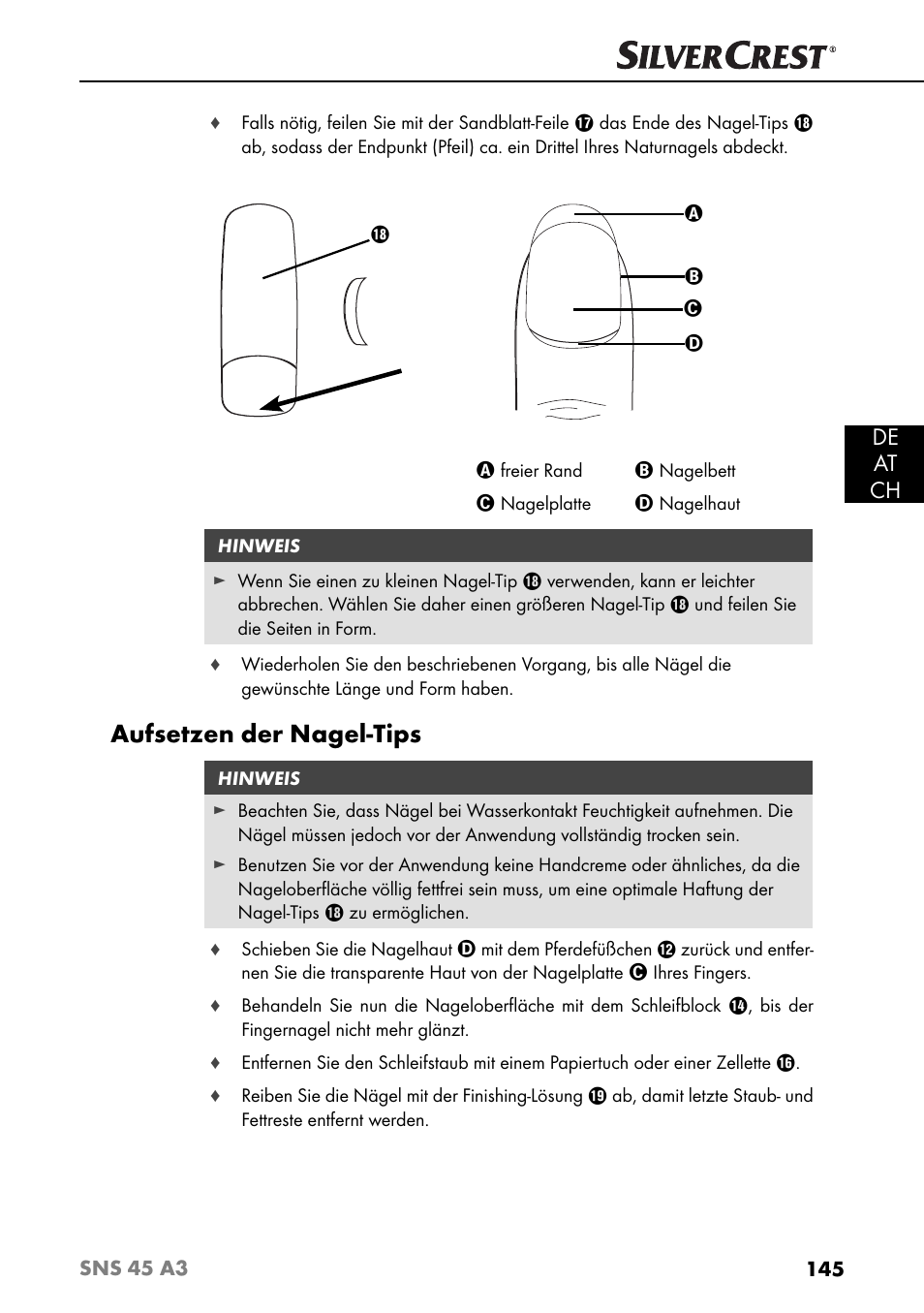 Aufsetzen der nagel-tips, De at ch | Silvercrest SNS 45 A3 User Manual | Page 148 / 163