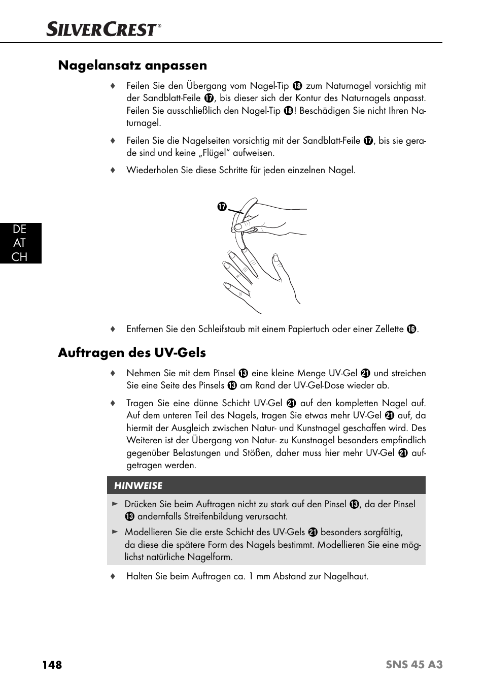 Nagelansatz anpassen, Auftragen des uv-gels, De at ch | Silvercrest SNS 45 A3 User Manual | Page 151 / 163