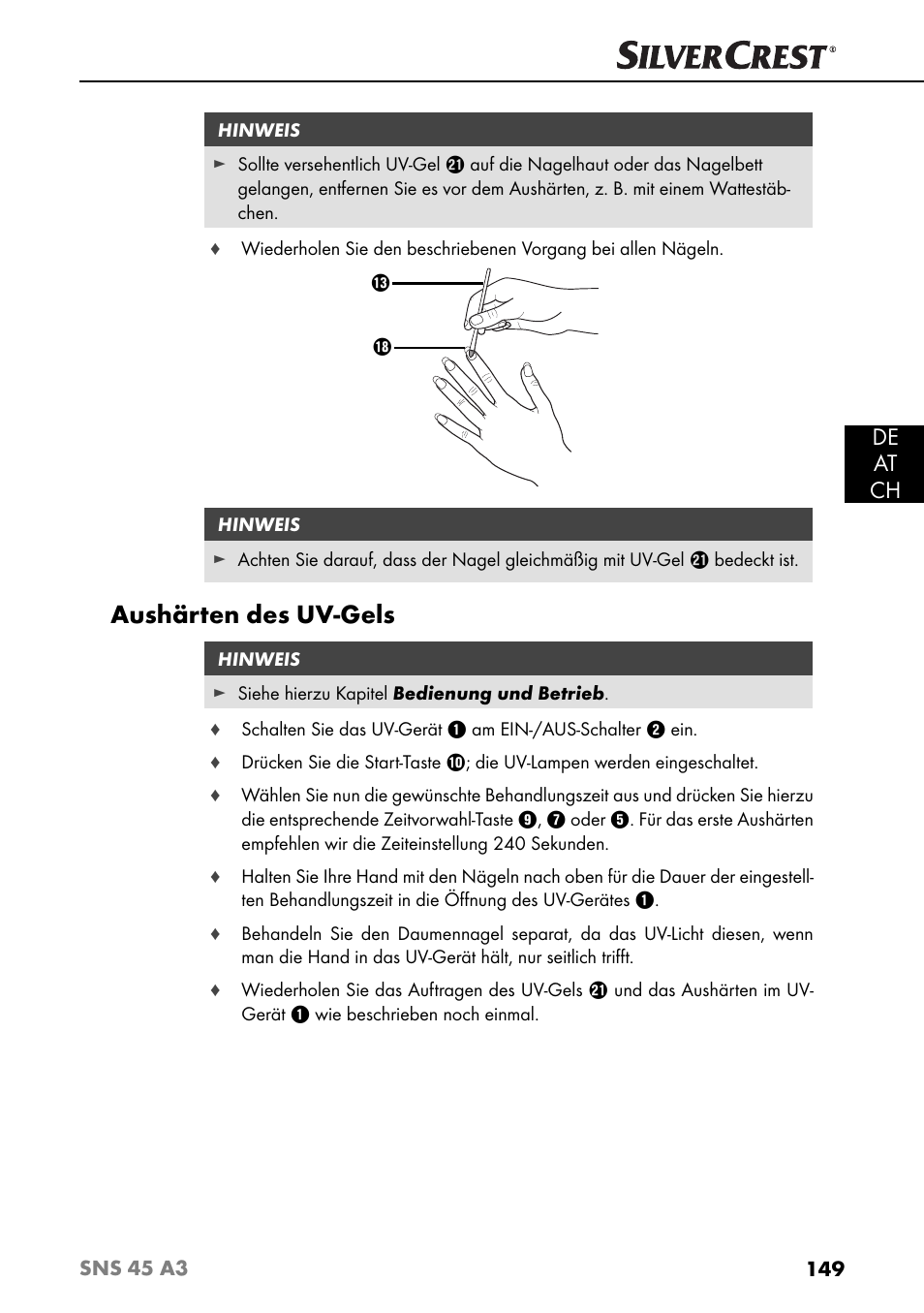 Aushärten des uv-gels, De at ch | Silvercrest SNS 45 A3 User Manual | Page 152 / 163
