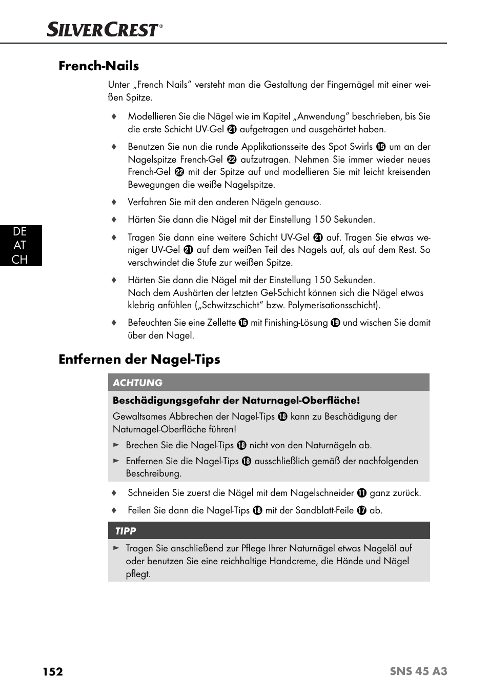 French-nails, Entfernen der nagel-tips, De at ch | Silvercrest SNS 45 A3 User Manual | Page 155 / 163