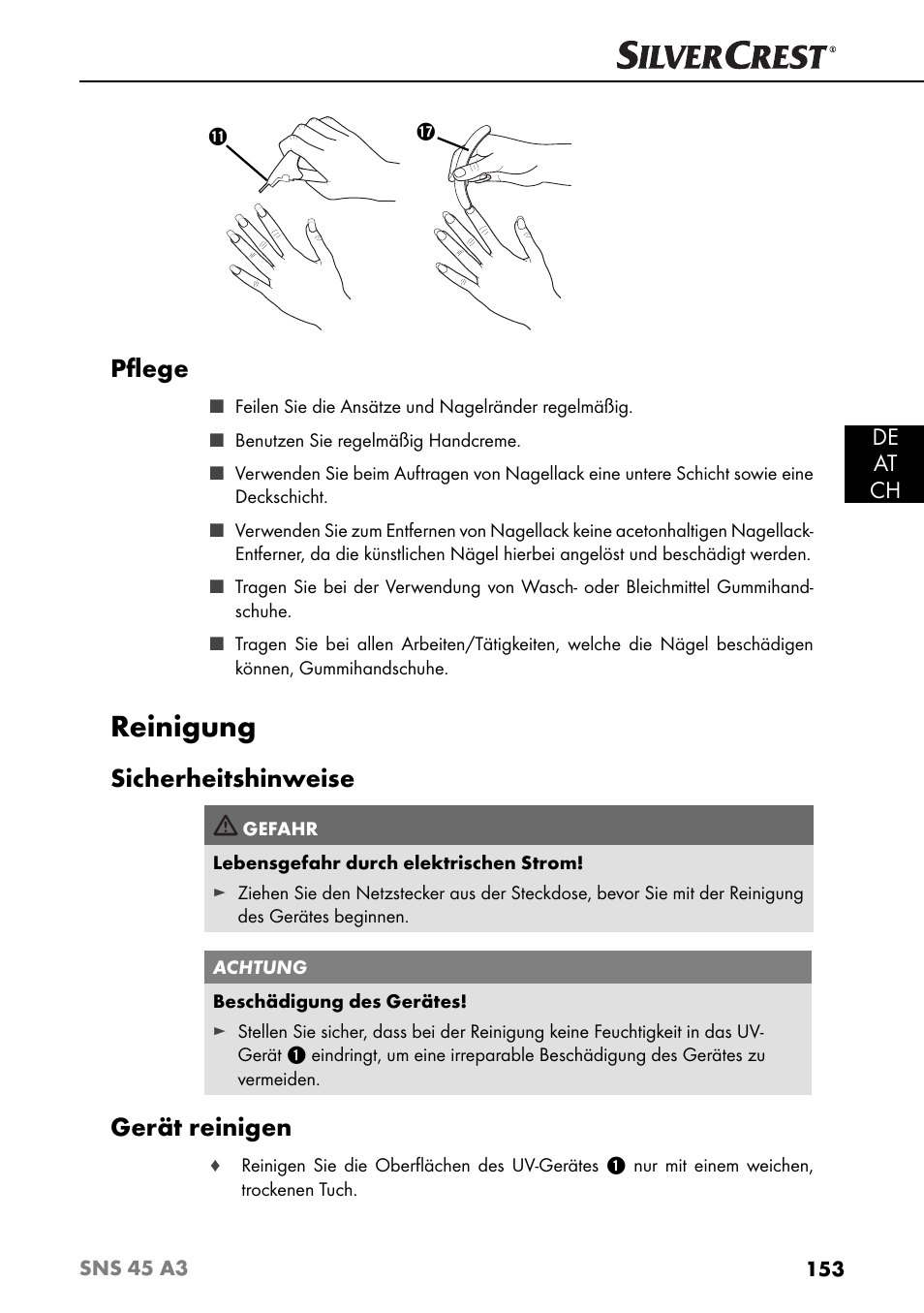 Reinigung, Pﬂ ege, Sicherheitshinweise | Gerät reinigen, De at ch | Silvercrest SNS 45 A3 User Manual | Page 156 / 163