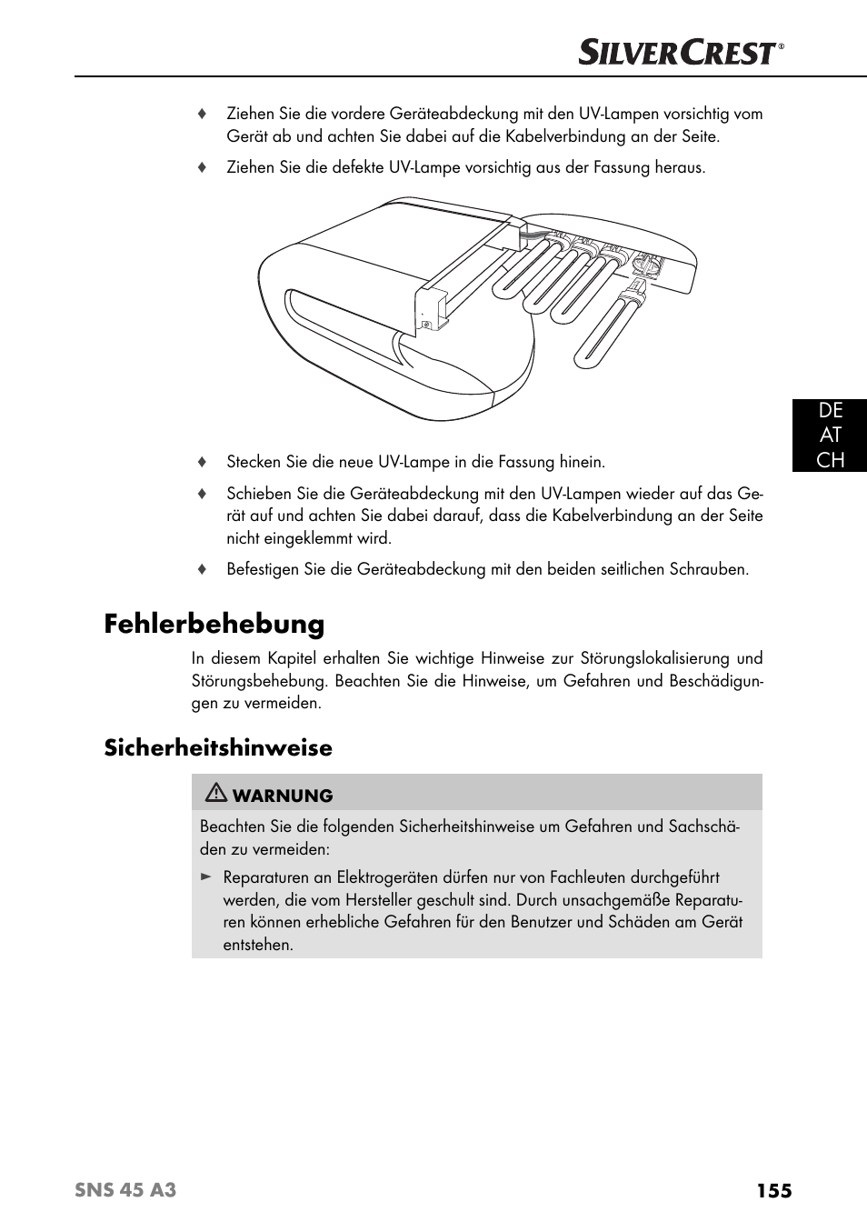 Fehlerbehebung, Sicherheitshinweise, De at ch | Silvercrest SNS 45 A3 User Manual | Page 158 / 163