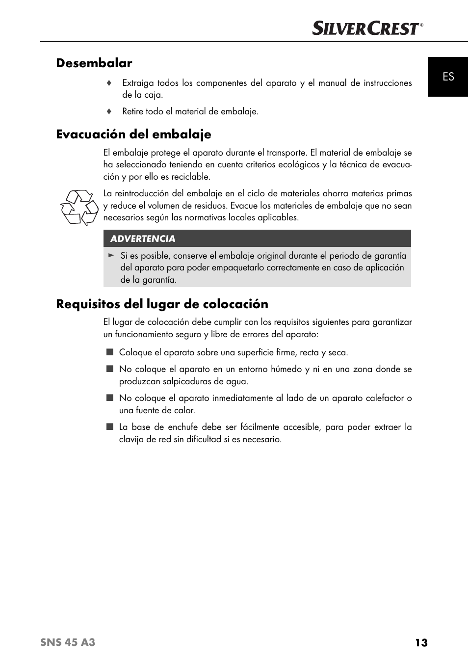 Desembalar, Evacuación del embalaje, Requisitos del lugar de colocación | Silvercrest SNS 45 A3 User Manual | Page 16 / 163