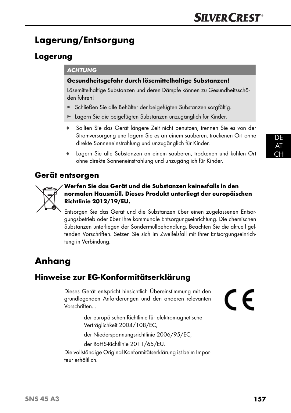 Lagerung/entsorgung, Anhang, Lagerung | Gerät entsorgen, Hinweise zur eg-konformitätserklärung, De at ch | Silvercrest SNS 45 A3 User Manual | Page 160 / 163